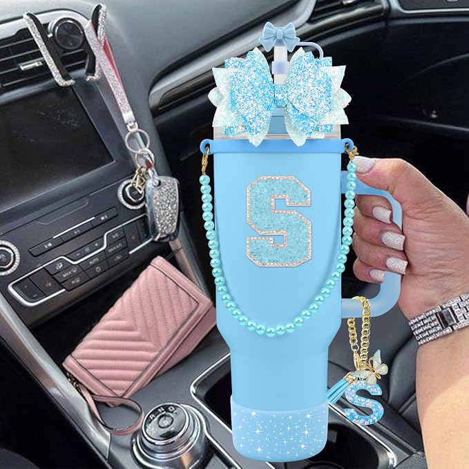 9PCS Blue for Stanley Cup Accessories Set Bling Initials Bow Charms for Stanley - Image 6