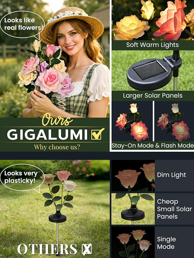 GIGALUMI Solar Lights Outdoor for Garden Decor, 6 Pack Solar Flower Lights - Image 2