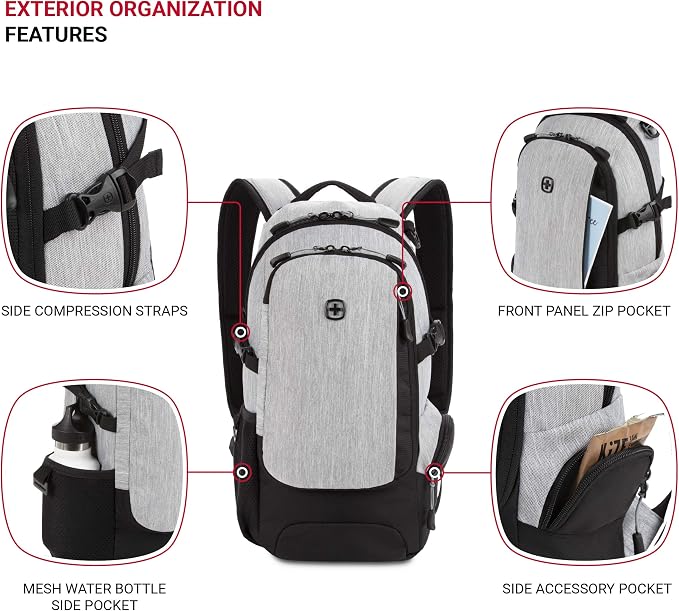 SwissGear 3598 Backpack, Narrow Daypack, Light Grey/Heather - Image 3