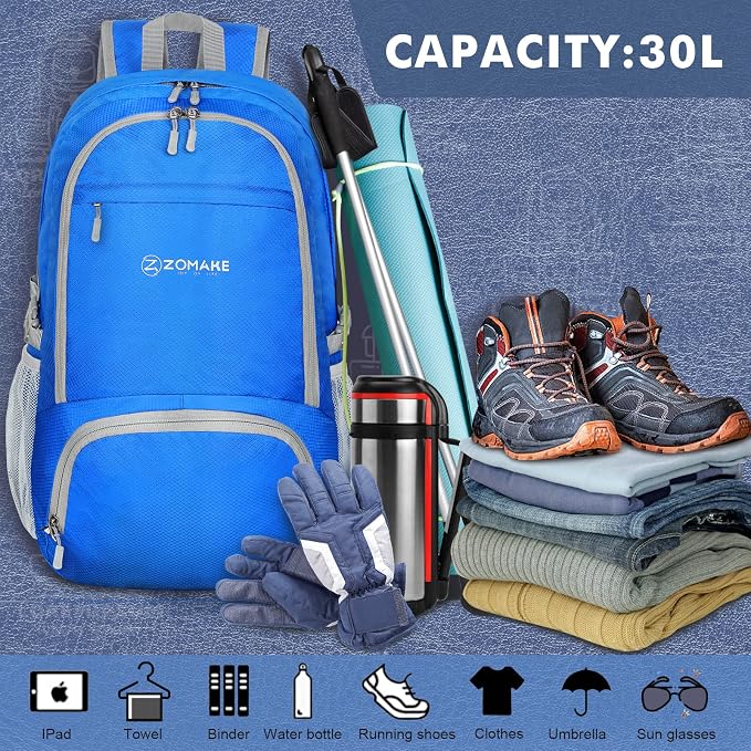 ZOMAKE Lightweight Packable Backpack 30L, Foldable Hiking Backpacks Water - Image 3