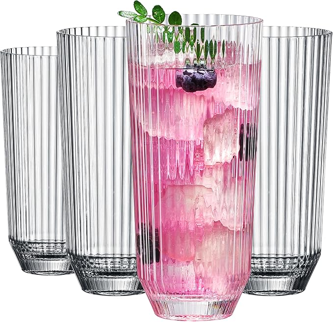 Khen Plastic Acrylic Ribbed Drinking Glasses – Set of 4 Clear 11.8oz Tritan by Khen