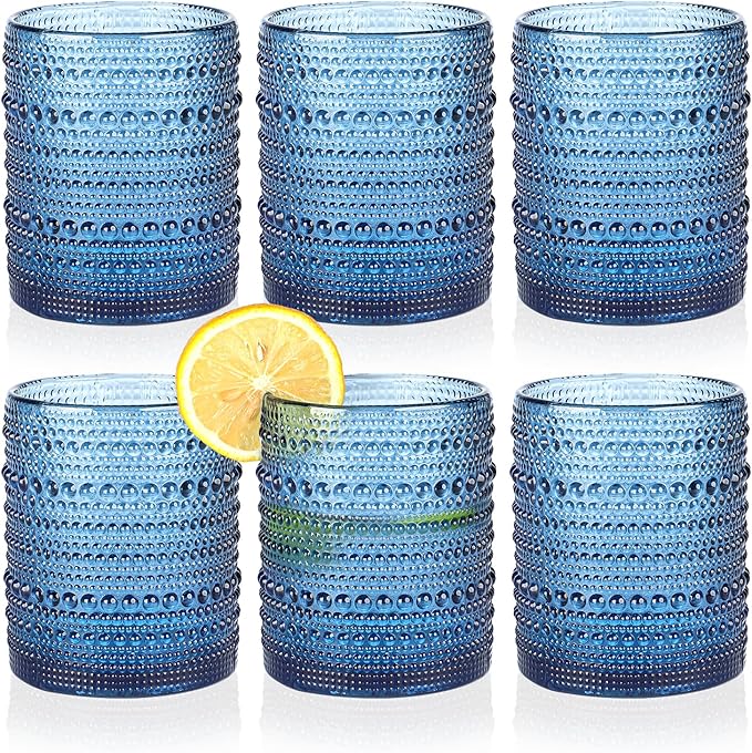 KMIGRUAN Hobnail Drinking Glasses Set of 6, 12oz Blue Vintage Glassware by KMIGRUAN