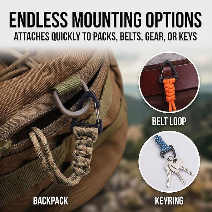 3-Pack Tactical Paracord Carabiner Keychain – Adjustable Rope Lanyard - Image 2