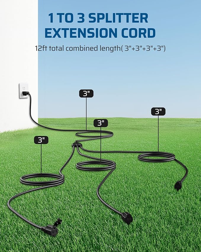 DEWENWILS Outdoor Extension Cord 1 to 3 Splitter, Total 12FT, 13A 125V 1625W - Image 2