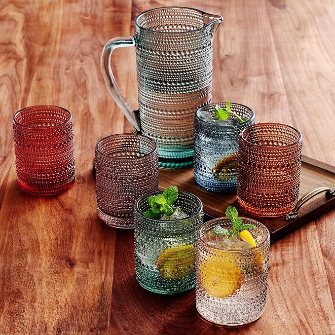 Khen Hobnail Beaded Pitcher & Tumbler Glasses Set | Set of 6 Glasses & Carafe| - Image 2