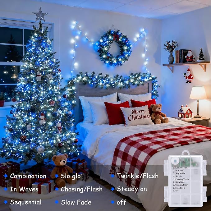 JMEXSUSS 2 Pack Blue and White Battery String Lights, Each 33ft 100 LED Battery - Image 3