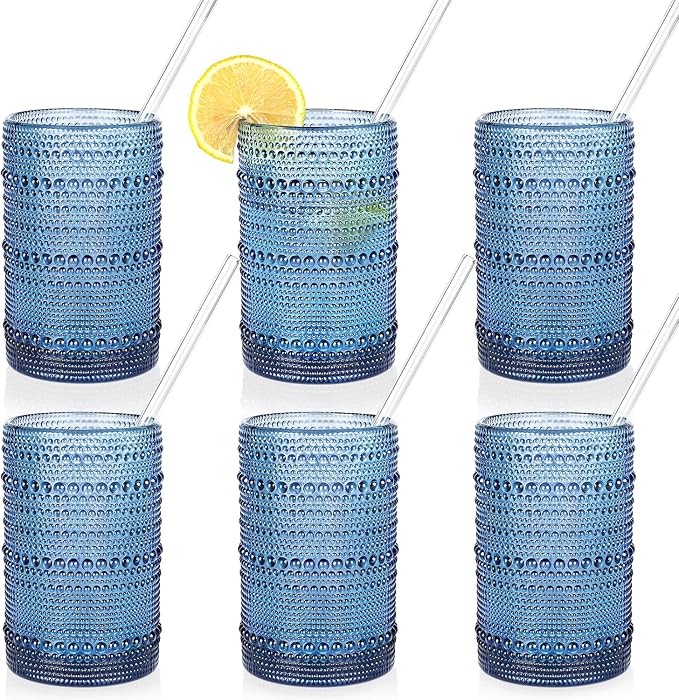 KMIGRUAN Large Hobnail Drinking Glasses Set of 6, 15oz Blue Vintage Glassware by KMIGRUAN