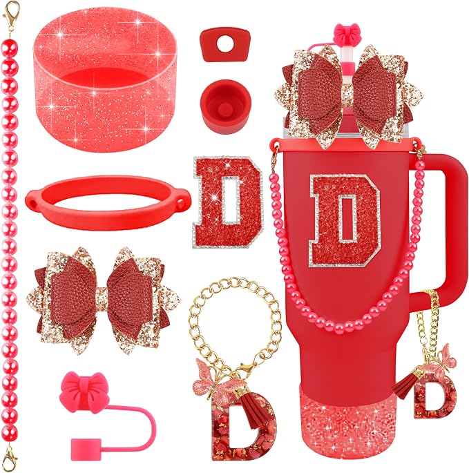 9PCS Red for Stanley Cup Accessories Set Bling Initials Bow Charms for Stanley by Unknown