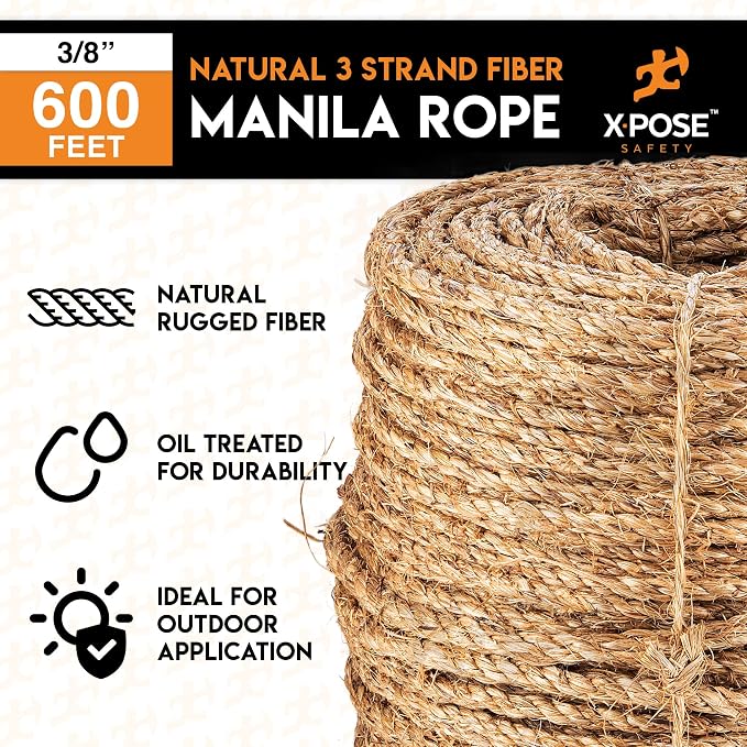 Manila Rope - 3/8 Inch 600' - 3 Strand Cordage Twisted Braided Rope - Thick - Image 3