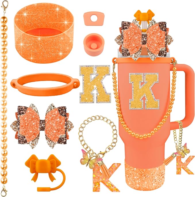 9PCS Orange for Stanley Cup Accessories Set Bling Initials Bow Charms for by Unknown