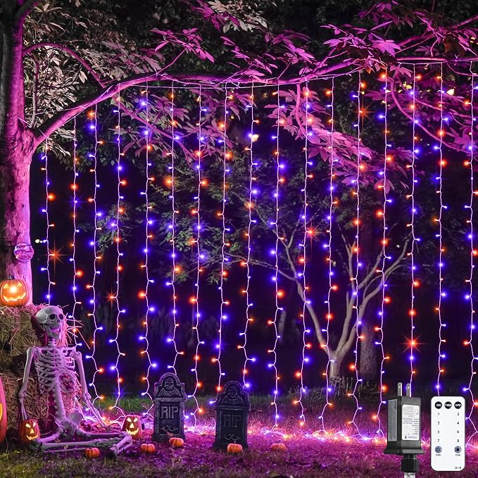 JMEXSUSS 300LED Orange and Purple Halloween Curtain Lights by JMEXSUSS