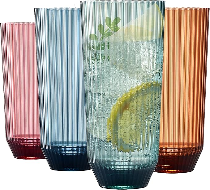 Khen Plastic Acrylic Ribbed Drinking Glasses – Set of 4 Multicolor 11.8oz by Khen