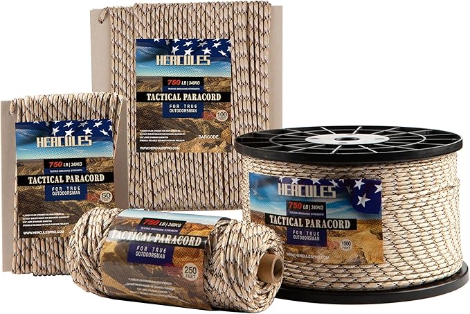 HERCULES 750lb Paracord 4mm 11 Strands Tactical Parachute Cord, Outdoor Gear by HERCULES
