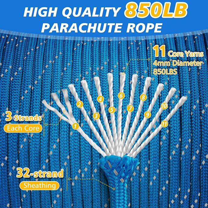 Reflective Paracord Rope 850Ib, 50/100/200/500/1000ft 4MM 11 Strand para Cords - Image 4