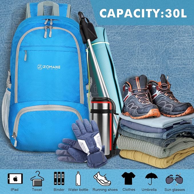 ZOMAKE Lightweight Packable Backpack 30L, Foldable Hiking Backpacks Water - Image 3
