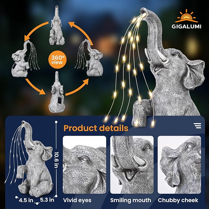 GIGALUMI Solar Garden Decor Watering Elephant Statues Outdoor, Birthday Gifts - Image 3