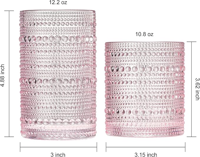 Khen Hobnail Beaded Highball Drinking Tumbler Glasses | Set of 12 | Pink Blush - Image 5