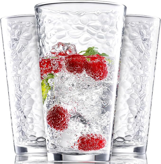Set of 10 Hammered Glass Cups, 16oz. Dishwasher Safe Cocktail Drinking Glasses by LERAZE