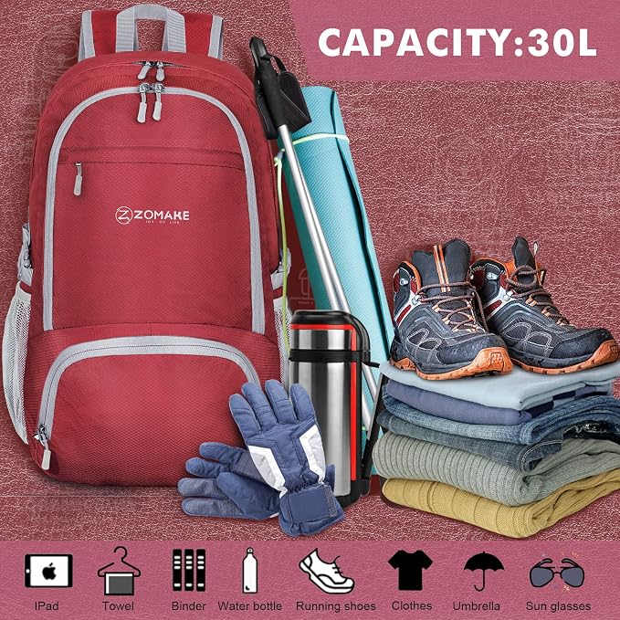 ZOMAKE Lightweight Packable Backpack 30L, Foldable Hiking Backpacks Water - Image 3