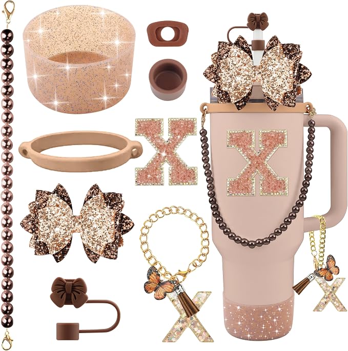 9PCS Brown for Stanley Cup Accessories Set Bling Initials Bow Charms for by Unknown