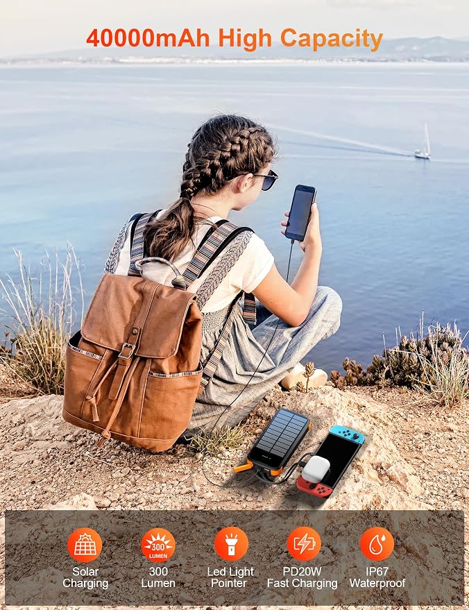 Solar Charger Power Bank, PD 20W Fast Charging External Batter, 40000mAh - Image 3