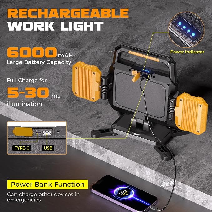 YZONI 40W Rechargeable Work Light, 4000LM Magnetic LED Work Light - Image 5