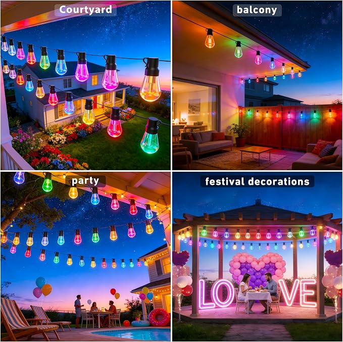 300FT RGB+IC Outdoor String Lights, Dimmable Shatterproof LED Bulbs, IP67 - Image 6