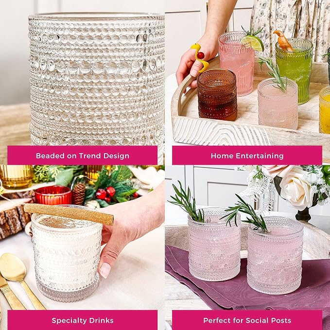 Kate Aspen Beaded Drinking Glasses Set of 6, 10 oz Retro Vintage Glassware - Image 6