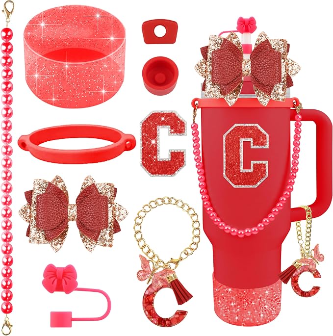9PCS Red for Stanley Cup Accessories Set Bling Initials Bow Charms for Stanley by Unknown