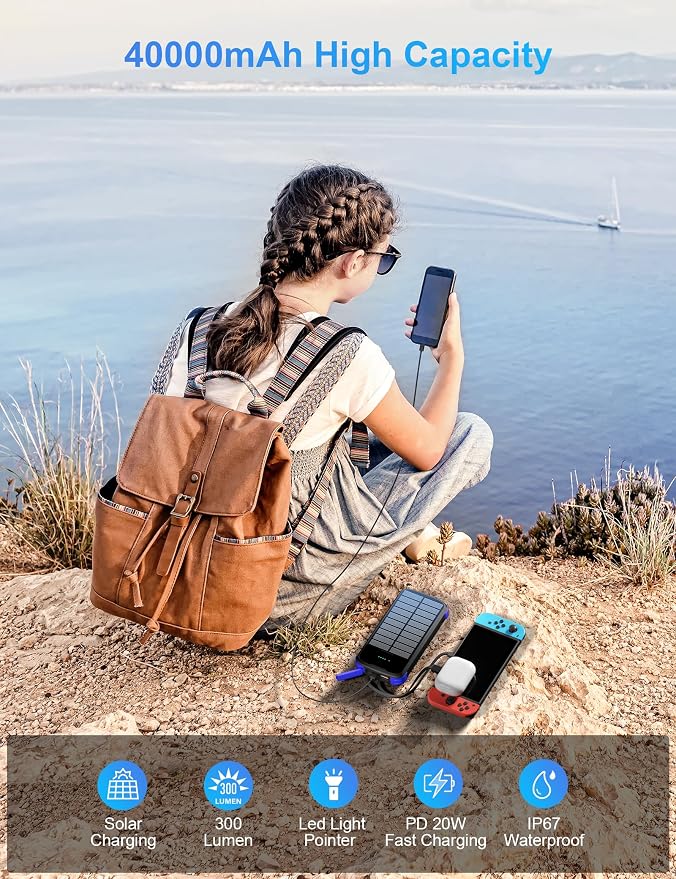 Solar Charger Power Bank, PD 20W Fast Charging External Batter, 40000mAh - Image 3