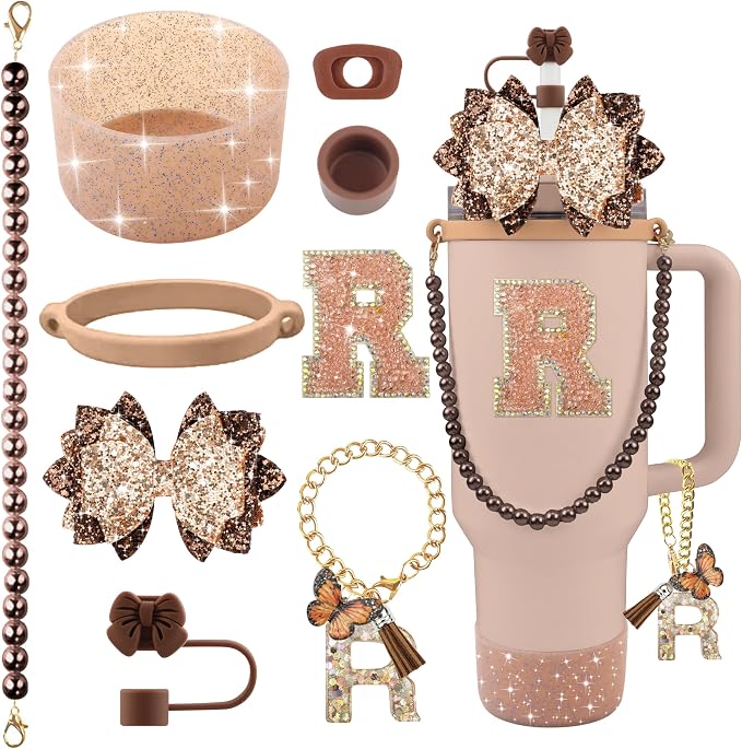 9PCS Brown for Stanley Cup Accessories Set Bling Initials Bow Charms for by Unknown