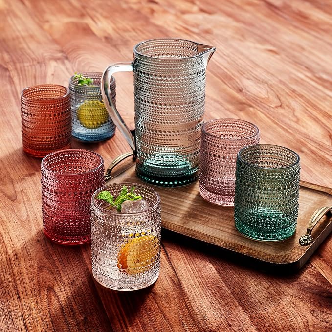 Khen Hobnail Beaded Pitcher & Tumbler Glasses Set | Set of 6 Glasses & Carafe| - Image 3