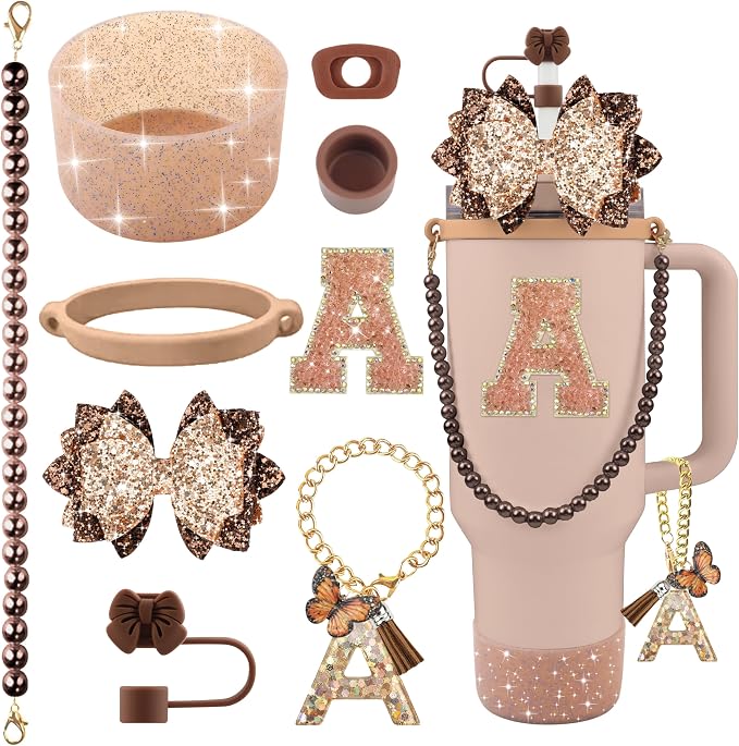 9PCS Brown for Stanley Cup Accessories Set Bling Initials Bow Charms for by Unknown