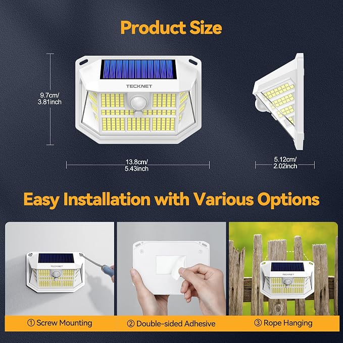 TECKNET 231 LED Solar Motion Lights Outdoor Waterproof, 6 Pack 300° Angle & 3 - Image 7