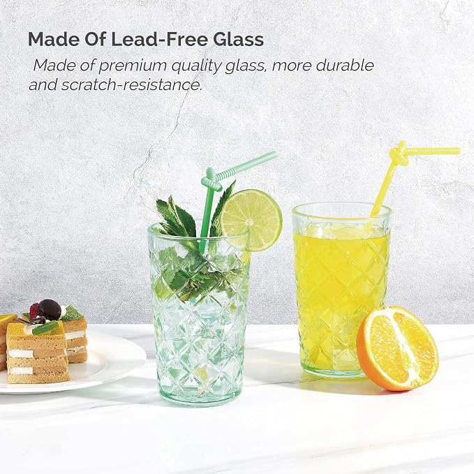 CREATIVELAND Drinking Highball Glasses Set of 4, Vintage Cross Hatch Glass Cups - Image 4