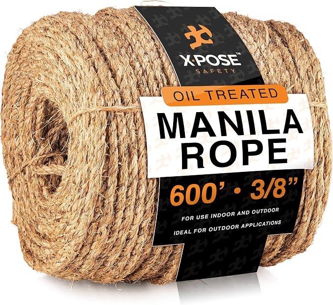 Manila Rope - 3/8 Inch 600' - 3 Strand Cordage Twisted Braided Rope - Thick by XposeSafety