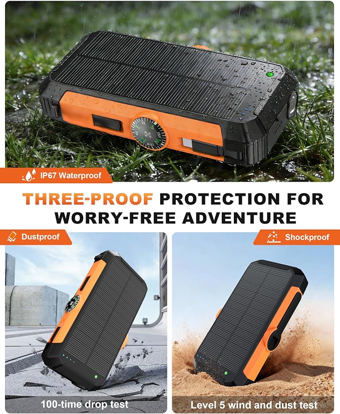 Solar Power Bank with Hand Crank and Retractable Cables, 20000mAh Wireless - Image 8