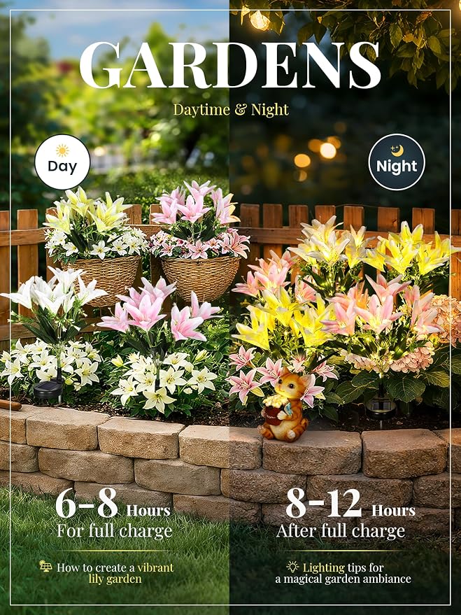 GIGALUMI Solar Garden Lights, 8 Pack LED Lily Garden Decor Carefree Solar - Image 3