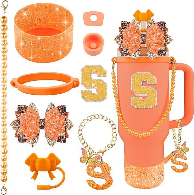 9PCS Orange for Stanley Cup Accessories Set Bling Initials Bow Charms for by Unknown