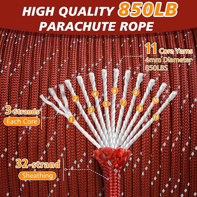 850Ib Reflective Paracord Rope, 50/100/200/500/1000ft 4MM 11 Strand Cords - Image 2