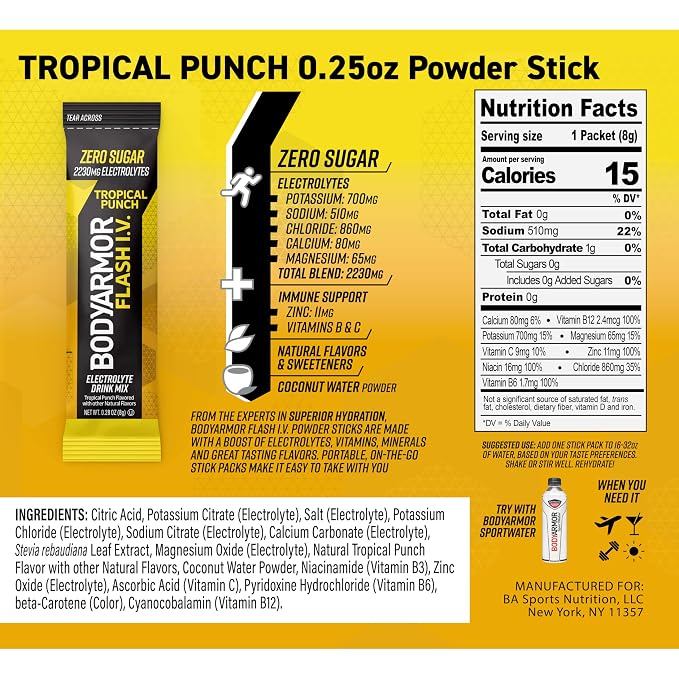 BODYARMOR Flash I.V. Electrolyte Packets, Tropical Punch, Zero Sugar Drink Mix - Image 2