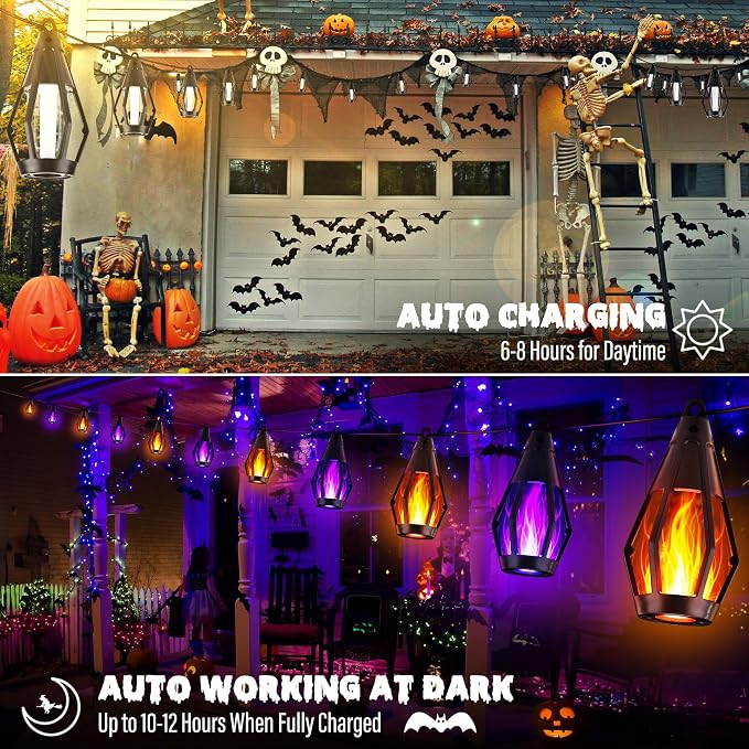 iBaycon Solar Halloween Lights, 27Ft 10 LED Bulbs Flickering Flame String Light - Image 4