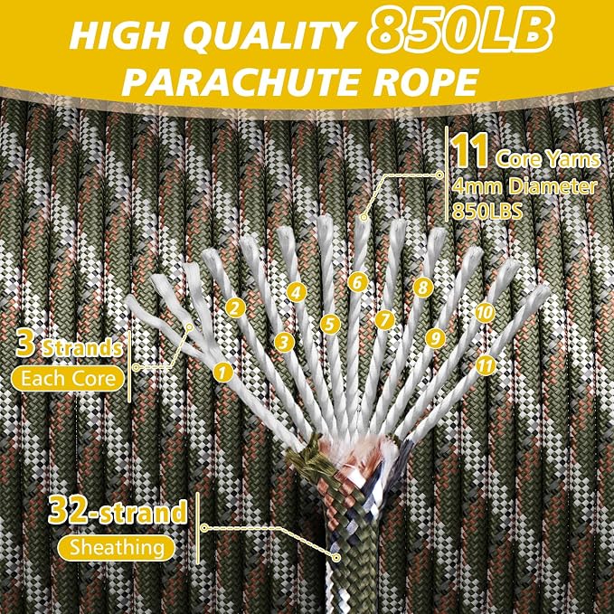 850Ib Reflective ParachuteRope, 50/100/200/500/1000ft 4MM 11 Strand Cords - Image 2