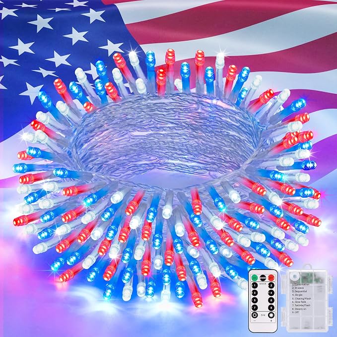 JMEXSUSS 33ft 100 LED Red White and Blue Lights Outdoor, 4th of July Lights by JMEXSUSS