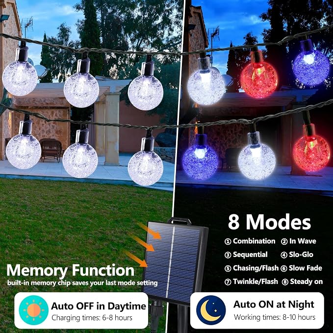 Joomer 4th of July Red White Blue Solar String Lights, 39FT 60LED Waterproof - Image 2