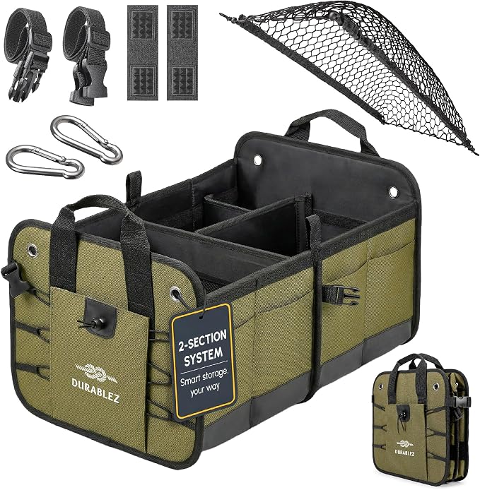 Heavy Duty Foldable Trunk Organizer 2-Section – Dual-Compartment Car Cargo Box by DURABLEZ