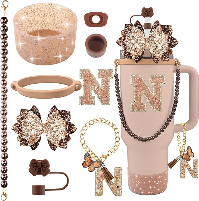 9PCS Brown for Stanley Cup Accessories Set Bling Initials Bow Charms for by Unknown