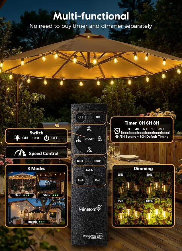Minetom 100FT Solar-String-Lights-Outdoor-Waterproof, 31+2LED S14 Shatterproof - Image 4