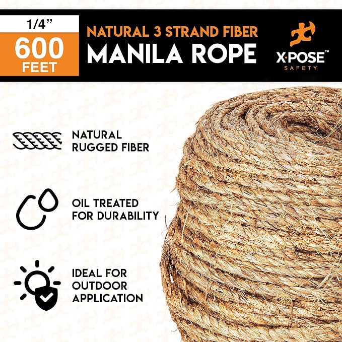 Manila Rope - 1/4 Inch 600' - 3 Strand Cordage Twisted Braided Rope - Thick - Image 4