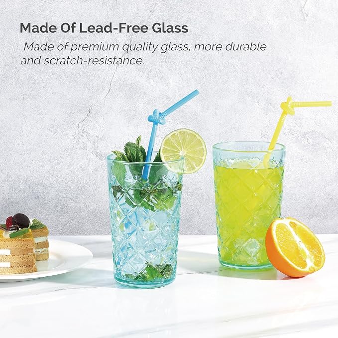 CREATIVELAND Drinking Highball Glasses Set of 4, Vintage Cross Hatch Glass Cups - Image 4
